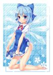  1girl barefoot blue_eyes blue_hair blush bow cirno hair_bow ice ice_wings short_hair silver15 skirt_basket snowflakes solo touhou wings 