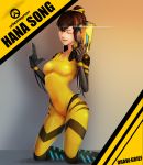  1girl alternate_costume alternate_hairstyle b.va_(overwatch) bodysuit brown_hair character_name d.va_(overwatch) finger_gun grief gun hair_bun handgun highres kneeling lens_flare looking_at_viewer overwatch solo weapon 