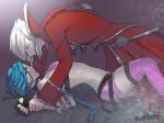  1boy 1girl blue_hair eye_contact jinx_(league_of_legends) league_of_legends looking_at_another lying on_back pinned ronimep silver_hair tattoo vladimir 