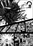  2girls animal_ears attack blood cat_ears cat_tail comic decapitation emphasis_lines greyscale highres kaenbyou_rin komeiji_satori monochrome monster multiple_girls multiple_tails niiko_(gonnzou) open_mouth sharp_teeth speed_lines tail teeth touhou 