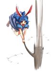 1girl :d animal_ears blue_dress blue_hair blush dress holding holding_weapon kakao_(noise-111) long_hair low_twintails mallet motion_blur open_mouth puffy_short_sleeves puffy_sleeves rabbit_ears red_eyes seiran_(touhou) short_sleeves smile solo touhou twintails weapon 