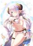  1girl alternate_costume alternate_hairstyle bikini blue_eyes breast_grab breasts butterfly cleavage demon_horns doraf double_bun grabbing granblue_fantasy hair_ornament hair_over_one_eye highres horns large_breasts lavender_hair leg_belt long_hair looking_at_viewer low_twintails midriff narumeia_(granblue_fantasy) navel open_mouth pointy_ears side-tie_bikini sideboob solo somalisu swimsuit thigh_strap thighs twintails white_bikini 