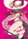  1girl ankle_ribbon ass barefoot bikini blade_(galaxist) blue_eyes dragon_horns dragon_tail fate/extra fate/extra_ccc fate/grand_order fate_(series) flower frilled_bikini frills gloves half_gloves hat hat_flower horns innertube lancer_(fate/extra_ccc) looking_at_viewer on_floor pig pink_bikini pointy_ears ribbon simple_background smile solo star straw_hat sun_hat swimsuit tail 