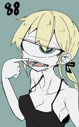  1girl blonde_hair blue_eyes breasts cyclops female flat_color monster_girl mouth_pull original pale_skin sharp_teeth simple_background solo teeth tomatojam upper_body 