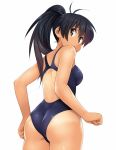  1girl antenna_hair arms_at_sides ass back bare_arms bare_shoulders black_hair black_swimsuit blue_eyes breasts competition_swimsuit cowboy_shot from_behind from_below ganaha_hibiki idolmaster looking_back looking_down one-piece_swimsuit ponytail school_swimsuit sheairkuaki simple_background small_breasts solo swimsuit tan tanline thighs white_background 