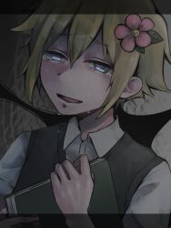  1boy 9xya10 basil_(faraway)_(omori) basil_(omori) blonde_hair blue_eyes book collared_shirt crying crying_with_eyes_open flower green_sweater_vest hair_flower hair_ornament highres holding holding_book looking_at_viewer male_focus omori open_mouth sad_smile scrapbook shirt short_hair short_sleeves smile solo something_(omori) sweater_vest tears upper_body white_shirt 