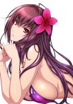  1girl bikini breast_press breasts elbow_rest fate/grand_order fate_(series) flower flower_on_head from_side interlocked_fingers isse large_breasts lips long_hair looking_at_viewer lying midriff on_stomach parted_lips red_eyes redhead scathach_(fate/grand_order) scathach_(swimsuit_assassin)_(fate) sideboob simple_background solo swimsuit upper_body white_background 