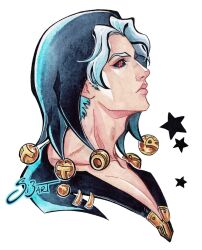  1boy black_hood black_sclera collarbone colored_sclera commentary cropped_shoulders english_commentary from_side grey_hair jojo_no_kimyou_na_bouken male_focus portrait profile red_eyes risotto_nero si3art signature solo star_(symbol) vento_aureo white_background 