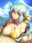  1girl alternate_breast_size alternate_hairstyle aqua_hair bare_shoulders bikini bikini_under_clothes breasts cleavage detached_collar fate/grand_order fate_(series) foreshortening hair_ribbon highres horns kiyohime_(fate/grand_order) kiyohime_(swimsuit_lancer)_(fate) large_breasts long_hair long_sleeves looking_at_viewer low_twintails melon22 off_shoulder ribbon smile solo strap_slip swimsuit twintails yellow_eyes yellow_ribbon 