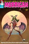  1girl 2017 60s adapted_costume barefoot bat_wings bridal_gauntlets cover cover_page demon_girl elbow_gloves full_body gloves green_hair head_wings joe_vriens low_wings morrigan_aensland oldschool one-piece_swimsuit parody signature solo style_parody succubus swimsuit udon_entertainment vampire_(game) wings 