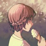  1girl braid brown_hair commentary_request food from_side green_eyes ice_cream ice_cream_cone nanakawa_(nanasoon) original profile shirt short_hair solo tongue tongue_out 
