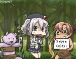  3girls akigumo_(kantai_collection) animalization beret brown_hair cat commentary dated epaulettes forest green_eyes grey_eyes hair_ribbon hamu_koutarou hat kantai_collection kashima_(kantai_collection) kerchief long_hair multiple_girls nature polearm ponytail ribbon silver_hair sketchbook spear tama_(kantai_collection) tearing_up translated trembling wavy_hair weapon 