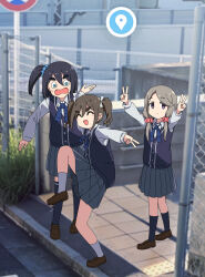  3girls amamiya_satsuki_(mono) black_hair blue_eyes chain-link_fence double_v fence grey_hair hair_ornament high_school_girls_posing_for_google_street_view_(meme) high_side_ponytail highres kiriyama_ann loafers meme mono_(afro) multiple_girls necono_(nekonosora1207) overhead_line photo_background pleated_skirt posing raised_curb road_sign school_uniform shikishima_sakurako shoes side_ponytail sidewalk sign skirt smile standing standing_on_one_leg tactile_paving thick_eyebrows twintails v 