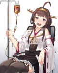  1girl ahoge bags_under_eyes brown_hair commentary_request detached_sleeves hairband headgear intravenous_drip itou_(onsoku_tassha) japanese_clothes kantai_collection kongou_(kantai_collection) nontraditional_miko open_mouth remodel_(kantai_collection) ribbon_trim simple_background sitting solo tea trembling violet_eyes wide_sleeves 