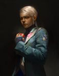  10s 1girl black_background blanche_(pokemon) dark_skin highres holding holding_poke_ball jacket looking_at_viewer miguel_mercado photorealistic poke_ball pokemon pokemon_go ponytail portrait realistic serious solo tan team_mystic turtleneck white_hair 