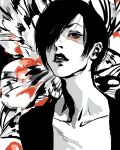  androgynous as_(ashes) black_eyes black_hair black_lips collarbone hair_over_one_eye half-closed_eyes lipstick looking_at_viewer monochrome open_mouth original red short_hair solo spot_color 