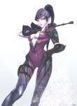  1girl absurdres bodysuit breasts center_opening cowboy_shot earrings ekkapol gloves gun hand_on_hip head_mounted_display highres jewelry lips long_hair looking_at_viewer medium_breasts nose over_shoulder overwatch pale_skin ponytail purple_hair rifle sniper_rifle solo stud_earrings very_long_hair visor weapon weapon_over_shoulder white_background widowmaker_(overwatch) yellow_eyes 