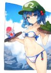  1girl bare_shoulders bei_mochi bikini blue_eyes blue_hair blue_sky breasts cleavage closed_mouth clouds cloudy_sky cucumber glasses hair_bobbles hair_ornament hat highres kawashiro_nitori looking_at_viewer navel shaved_ice side-tie_bikini sky smile solo standing swimsuit touhou tray two_side_up white_bikini 