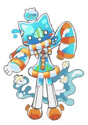  1girl animal_ears animal_feet cat_ears cat_girl cat_tail commentary cyber_fashion dress english_commentary fins fish fishbowl frutiger_aero furry furry_female highres inflatable_toy kalawakan liquid_tail looking_at_viewer necktie orange_necktie original simple_background solo tail tropical_fish very_long_sleeves white_background 