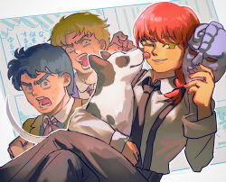  1girl 2boys black_necktie black_pants blonde_hair blue_eyes blue_hair chainsaw_man commentary_request constricted_pupils crossed_legs crossover danny_(jojo) dio_brando dog great_dane hand_up highres holding holding_mask jojo_no_kimyou_na_bouken jonathan_joestar licking licking_another's_face long_hair long_sleeves looking_at_viewer makima_(chainsaw_man) mask multiple_boys necktie one_eye_closed open_mouth pants parted_lips phantom_blood pointing pointing_at_another red_hair shirt short_hair sleeves_rolled_up smile stone_mask_(jojo) sweat uu0000322 white_shirt wing_collar yellow_eyes 