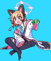  1girl :3 :d absurdres animal_ear_headphones animal_ears aqua_background aqua_necktie black_skirt black_thighhighs blonde_hair blue_archive blush_stickers bow buttons cat_ear_headphones cat_ears collared_shirt commentary_request controller crossed_ankles fake_animal_ears floating_hair frilled_jacket frilled_skirt frills full_body game_controller hair_bow halo headphones highres holding holding_controller holding_game_controller indian_style invisible_chair jacket joy-con long_sleeves looking_at_viewer low-tied_sidelocks medium_hair momoi_(blue_archive) multicolored_jacket necktie nintendo_switch no_shoes off_shoulder open_mouth outstretched_arm parted_bangs pink_eyes pink_halo pink_jacket pleated_skirt red_bow school_uniform shirt sidelocks simple_background sitting skirt smile solo spread_legs suspender_skirt suspenders suzshilo teeth thigh-highs two-sided_fabric two-sided_jacket unbuttoned_jacket upper_teeth_only white_jacket white_shirt wide_sleeves zettai_ryouiki 