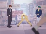  3boys amuro_ray blonde_hair blue_jacket brown_hair city commentary_request formal glasses green_hair gundam highres jacket kamille_bidan multiple_boys pose quattro_vageena suit sunglasses yone_f15 zeta_gundam 