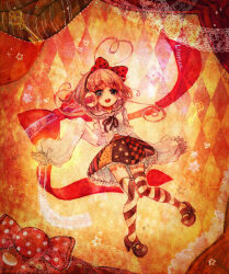 :d ahoge amene_wamea black_eyes bow candy hearts oversized_clothes patterned_background patterned_clothing pink_hair ribbon smile starry_eyes stars stripped_thighhighs utau