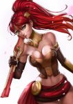  1girl arm_guards armlet artist_name belt belt_buckle black_gloves breasts buckle cleavage collarbone cowboy_shot dandon_fuga elbow_gloves gloves green_eyes head_tilt headpiece holding holding_sword holding_weapon jewelry large_breasts long_hair navel neck_ring over_shoulder petals ponytail pyrrha_nikos red_skirt redhead rwby simple_background skirt solo stomach strapless sword thigh_gap tubetop walking weapon white_background wide_hips 