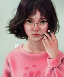  1girl 2016 arm_at_side artist_name black_hair clothes_writing eyebrows eyelashes fingers glasses green_background green_eyes hand_in_hair hands highres jin jintawat_puttanawiboon lips long_sleeves nose olive_background original parted_lips pink_shirt realistic shirt short_hair silver-framed_eyewear simple_background solo teeth upper_body 