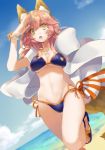  1girl absurdres animal_ears beach bikini blue_bikini blush breasts cleavage clouds cloudy_sky dutch_angle fate/extra fate/grand_order fate_(series) fox fox_ears fox_tail hair_between_eyes highres hino_hinako large_breasts long_hair looking_at_viewer midriff navel ocean open_mouth outdoors pink_hair sandals shawl side-tie_bikini sky solo standing standing_on_one_leg swimsuit tail tamamo_(fate)_(all) tamamo_no_mae_(swimsuit_lancer)_(fate) yellow_eyes 
