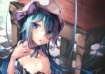  1girl \||/ artist_name bangs beret blue_dress blue_eyes blue_hair blue_ribbon blush breasts checkered checkered_floor close-up dress floating_hair hair_between_eyes hand_on_own_chest hand_up hat highres lee-chan_(saraki) long_hair looking_at_viewer neck_ribbon open_mouth original ribbon saraki signature small_breasts solo spaghetti_strap strap_slip table teeth upper_body very_long_hair white_hat 