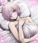  1girl amania_orz bare_shoulders bed_sheet blush breasts collarbone fate/grand_order fate_(series) hair_over_one_eye heart large_breasts looking_at_viewer lying naked_sheet on_back parted_lips pillow pink_hair shielder_(fate/grand_order) shiny shiny_hair short_hair solo under_covers violet_eyes 