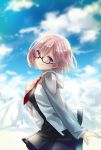  1girl black_shirt black_skirt clouds cloudy_sky eyebrows_visible_through_hair fate/grand_order fate_(series) from_side glasses hair_between_eyes head_tilt highres jacket looking_at_viewer necktie pink_hair pleated_skirt red_necktie shielder_(fate/grand_order) shirt short_hair short_necktie skirt sky solo violet_eyes white_jacket yumeichigo_alice 