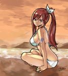 1girl bare_shoulders beach bikini breasts brown_eyes erza_scarlet fairy_tail indian_style large_breasts long_hair looking_at_viewer mashima_hiro mountain official_art ponytail redhead sidelocks signature sitting smile solo swimsuit tattoo water white_bikini 