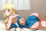  1girl alternate_costume aqua_eyes ass atago_(kantai_collection) bare_arms bare_legs bare_shoulders bed bed_sheet blonde_hair blue_swimsuit breast_press breasts competition_swimsuit curtains from_behind indoors kantai_collection large_breasts long_hair looking_at_viewer lying monteri on_side one-piece_swimsuit shiny shiny_clothes shiny_skin smile swimsuit thighs 