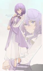  1girl absurdres closed_mouth commentary dress frown full_body gradient_background hair_between_eyes hand_up highres kanpeki_sugite_kawaige_ga_nai_to_konyaku_haki_sareta_seijo_wa_ringoku_ni_urareru knowname long_hair long_sleeves looking_at_viewer philia_adenauer purple_dress purple_hair purple_shoes shoes solo twitter_username two-tone_dress violet_eyes white_dress wide_sleeves zoom_layer 