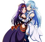  2girls absurdres asuna_(sao) asuna_(sao-alo) belt blue_eyes blue_hair blue_legwear detached_sleeves dress hand_on_another&#039;s_head highres hug huge_filesize long_hair looking_at_viewer multiple_girls pointy_ears purple_hair red_eyes simple_background smile sword_art_online thigh-highs white_background white_dress yuuki_(sao) zettai_ryouiki 