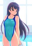  1girl bare_shoulders black_eyes blush breasts brown_eyes competition_swimsuit kinugawa_miyabi long_hair looking_back one-piece_swimsuit parted_lips pool purple_hair solo standing swimsuit tessai tetsudou_musume thigh_gap towel window 