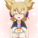  &gt;:d 1girl :d ^_^ bare_arms bare_shoulders blush breasts cato_(monocatienus) closed_eyes commentary earmuffs facing_viewer food ice_cream ice_cream_cone open_mouth pointy_hair short_hair small_breasts smile solo sparkle too_many too_many_scoops touhou toyosatomimi_no_miko 