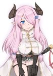  1girl belt black_gloves black_legwear blue_eyes blush braid breasts c8_toyo cow_girl cow_horns elbow_gloves female gloves granblue_fantasy hair_ornament hair_over_one_eye hairclip horns large_breasts leaning_forward long_hair looking_at_viewer miniskirt narumeia_(granblue_fantasy) pink_hair pointy_ears shirt sideboob simple_background skirt solo standing sword thigh-highs weapon white_background 