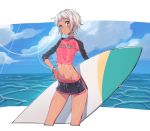  1girl aqua_eyes bangs blunt_bangs breasts clouds dark_skin lens_flare midriff nora_(supernew) ocean original short_hair short_shorts shorts silver_hair small_breasts solo supernew surfboard wet 