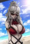  &gt;:t 1girl :t =3 alternate_hairstyle arms_behind_back ascot bangs bare_shoulders bikini bird blunt_bangs blush breasts brooch carmilla_(fate/grand_order) cleavage clouds cloudy_sky fate/grand_order fate_(series) glasses jewelry large_breasts looking_away midriff navel nose_blush pale_skin ponytail pout red_bikini sanmotogoroo seagull silver_hair sky solo summertime_mistress_(fate/grand_order) sunglasses sunlight swimsuit upper_body wavy_hair yellow_eyes 