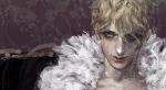  1boy androgynous as_(ashes) beauty_mark blonde_hair blue_eyes collarbone couch eyelashes feather_boa hair_over_one_eye looking_at_viewer male_focus mole mole_under_mouth original smile solo 