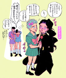  1girl 3boys blush bow commentary crossdressing diamond_wa_kudakenai gakuran hand_on_another's_cheek hand_on_another's_face higashikata_josuke hirose_koichi holding_hands jojo_no_kimyou_na_bouken long_hair multiple_boys nijimura_okuyasu oniyama831 pink_bow pompadour school_uniform speech_bubble yamagishi_yukako 
