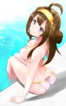  1girl ahoge alternate_eye_color arm_support ass bikini breasts brown_hair double_bun from_above hair_between_eyes headband headgear highres kantai_collection kongou_(kantai_collection) large_breasts lips long_hair looking_at_viewer nouto pool poolside side-tie_bikini sideboob skindentation smile swimsuit violet_eyes water wet wet_clothes white_bikini 