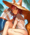  1girl animal_ears bangs bare_legs between_legs blue_sky blush bra breasts closed_mouth clouds fate/extra fate/grand_order fate_(series) fox_ears fox_tail from_side hair_over_shoulder hair_tie hand_between_legs hat highres innertube knee_up long_hair looking_at_viewer looking_to_the_side low_ponytail medium_breasts nima_(niru54) palm_tree pink_hair scrunchie see-through shirt short_sleeves sitting sky solo straw_hat summer tail tamamo_(fate)_(all) tamamo_no_mae_(swimsuit_lancer)_(fate) transparent tree underwear wet wet_clothes wet_shirt wrist_scrunchie yellow_eyes 