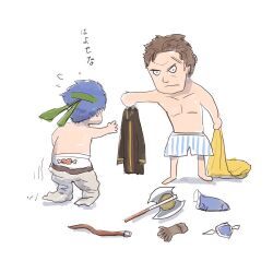  2boys axe battle_axe blue_hair boxers brown_hair commentary_request father_and_son fire_emblem fire_emblem:_path_of_radiance fire_emblem_heroes gloves greil headband holding holding_unworn_clothes ike_(brave_mercenary)_(fire_emblem) ike_(fire_emblem) izuka_daisuke male_focus male_underwear multiple_boys scar scar_on_face short_hair simple_background striped_clothes translation_request underwear underwear_only unworn_gloves vertical-striped_clothes weapon white_background 