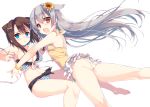  2girls animal_ears ass bangs bare_arms bare_legs bare_shoulders barefoot bikini blue_eyes blue_swimsuit blush bracelet breasts brown_hair cleavage collarbone double_bun eyebrows eyebrows_visible_through_hair fang floating_hair flower frilled_skirt frills front-tie_bikini front-tie_top grey_hair hair_between_eyes hair_flower hair_ornament hairclip halterneck hisakahazara_(hijojo) jewelry layered_skirt long_hair looking_at_viewer medium_breasts microskirt multiple_girls navel original outstretched_arms panties pantyshot pointy_hair pounce red_eyes sidelocks skirt small_breasts stomach striped striped_bikini sunflower swimsuit underwear untied untied_bikini white_background white_panties white_skirt x_hair_ornament 