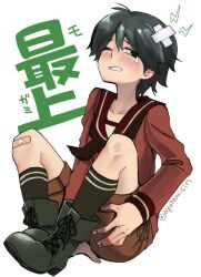  1girl ayutamisin bandaid bandaid_on_knee bandaid_on_leg black_boots black_hair black_neckerchief black_socks blush boots brown_shorts character_name clenched_teeth crossed_bandaids hair_between_eyes injury kantai_collection long_sleeves mogami_(kancolle) neckerchief one-hour_drawing_challenge one_eye_closed red_sailor_collar sailor_collar school_uniform scrape scraped_knee serafuku short_hair shorts simple_background sitting socks solo teeth white_background 