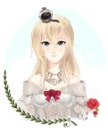  1girl bad_anatomy blonde_hair blue_eyes bow crown detectivecappychan dress flower jewelry kantai_collection necklace poorly_drawn rose solo upper_body warspite_(kantai_collection) 